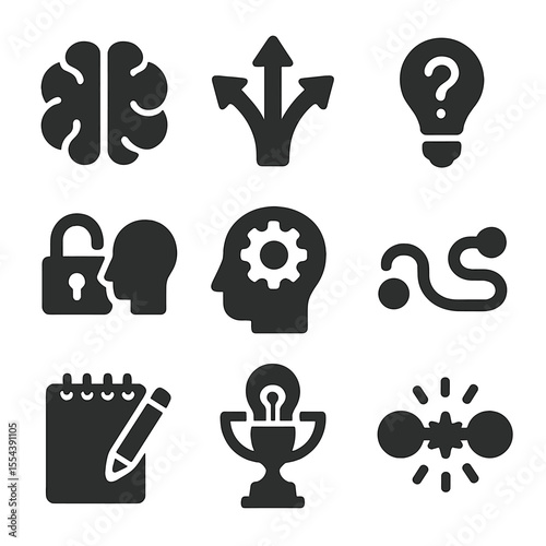 Creative Thinking Icons. Solid, filled icons set of creative thinking: abstract brain, divergent arrows,