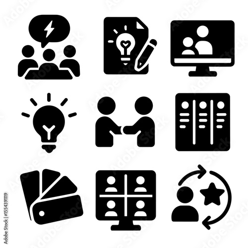 Creative Team Icons. Solid, filled icons set of creative team collaboration: brainstorming session, design