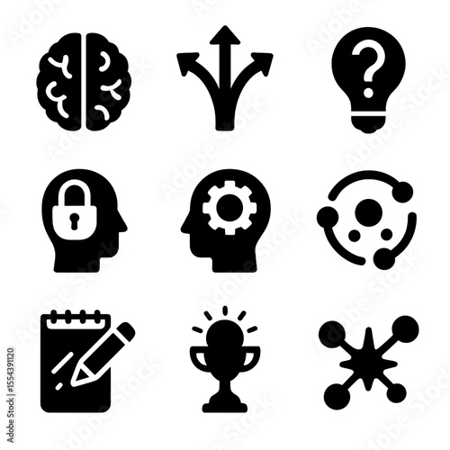 Creative Thinking Icons. Solid, filled icons set of creative thinking: abstract brain, divergent arrows,