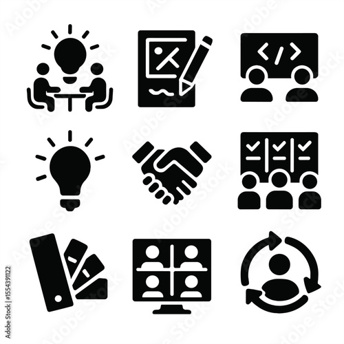 Creative Team Icons. Solid, filled icons set of creative team collaboration: brainstorming session, design