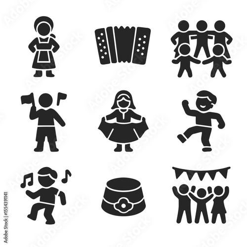Cultural Dance Icons. Solid, filled icons set of cultural and folk dance for kids: traditional costume, folk