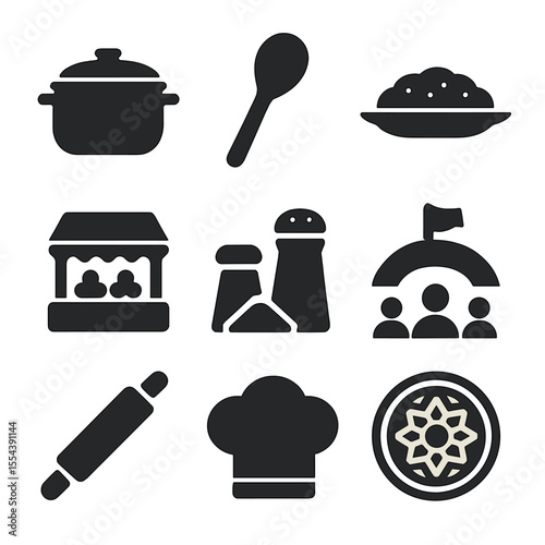 Culinary Icons Grid. Solid, filled icons set of food heritage and culinary traditions: cooking pot, wooden