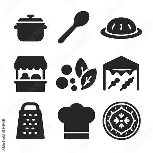 Culinary Icons Grid. Solid, filled icons set of food heritage and culinary traditions: cooking pot, wooden