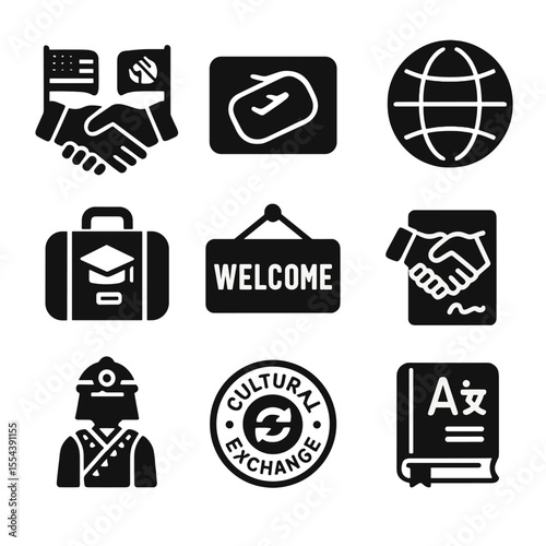 Cultural Exchange Icons. Solid, filled icons set of cross-cultural exchange programs: handshake between flags,