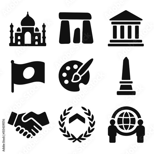 Cultural Heritage Icons. Solid, filled icons set of world heritage and cultural preservation: landmark icon,
