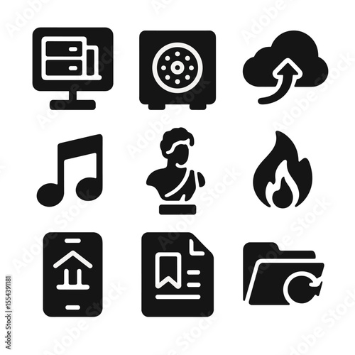 Cultural Memory Icons. Solid, filled icons set of cultural memory preservation: digital archive symbol, memory