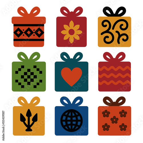 Cultural Icon Grid. Solid, filled icons set of cultural and themed wrapping: ethnic pattern, cultural motif,