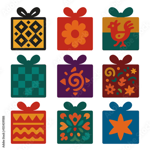 Cultural Icon Grid. Solid, filled icons set of cultural and themed wrapping: ethnic pattern, cultural motif,