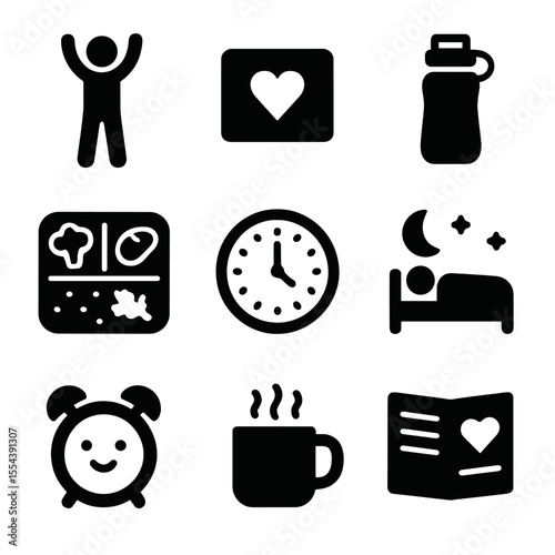 Daily Wellness Icons. Solid, filled icons set of daily wellness routines: morning stretch, affirmation card,