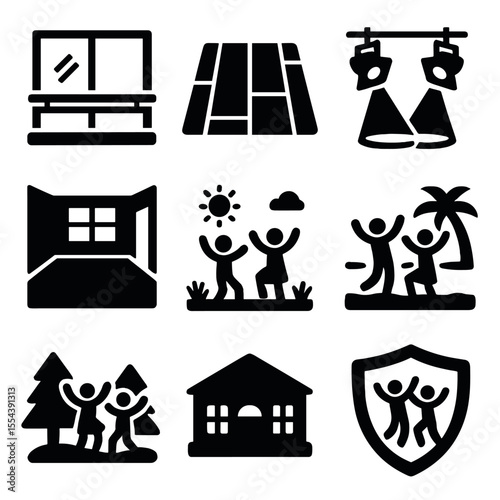Dance Spaces Icons. Solid, filled icons set of dance spaces and settings: dance studio mirror, wooden floor,