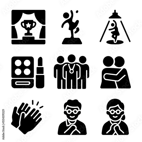 Dance Competition Icons. Solid, filled icons set of dance competitions and recitals: stage trophy, dance award