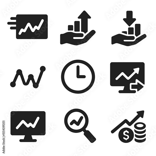 Day Trading Icon Set. Solid, filled icons set of day trading tools: fast chart, quick buy, quick sell,
