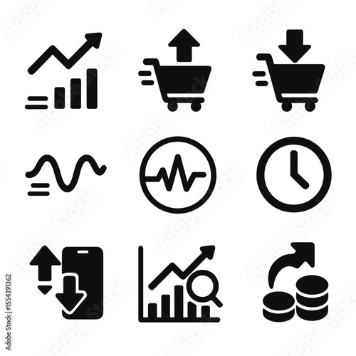 Day Trading Icon Set. Solid, filled icons set of day trading tools: fast chart, quick buy, quick sell,