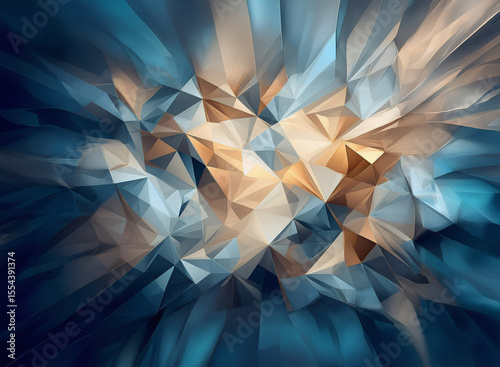 Abstract geometric background featuring dynamic blue and gold polygonal shards forming a burst effect. Modern and visually striking backdrop.