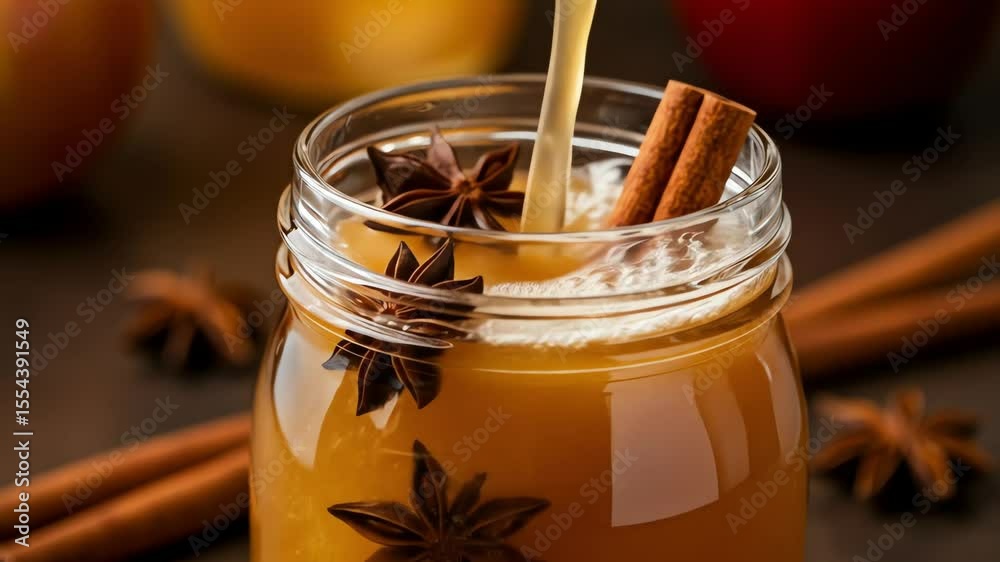 Warm spiced apple cider with cinnamon and star anise in a jar  