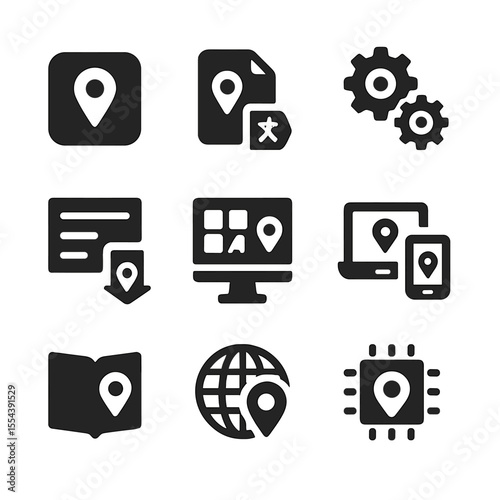Digital Localization Icons. Solid, filled icons set of localization for digital content: app interface,