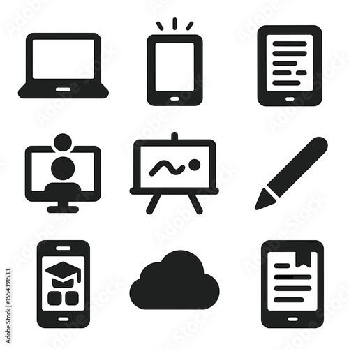 Digital Learning Icons. Solid, filled icons set of digital homeschool tools: laptop icon, tablet glow, e-book