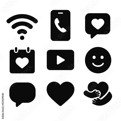 Digital Love Icons. Solid, filled icons set of digital connection and love: Wi-Fi icon, smartphone call, app
