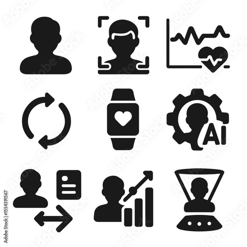 Digital Twin Icons. Solid, filled icons set of digital twin for individuals: avatar face, biometric scan,
