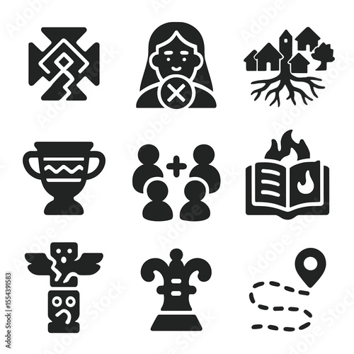 Displaced Indigenous Icons. Solid, filled icons set of displaced indigenous knowledge: lost tribal symbol,