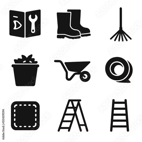 DIY Garden Cleanup Icons. Solid, filled icons set of DIY garden cleanup: instruction manual, tool checklist,