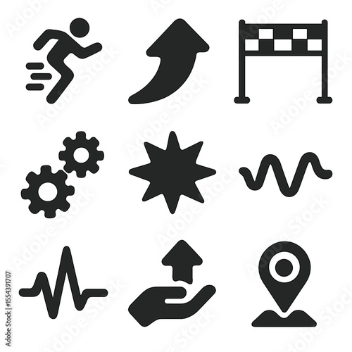 Dynamic Motivation Icons. Solid, filled icons set of motivation in motion: sprinting figure, momentum arrow,