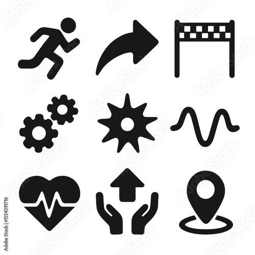 Dynamic Motivation Icons. Solid, filled icons set of motivation in motion: sprinting figure, momentum arrow,