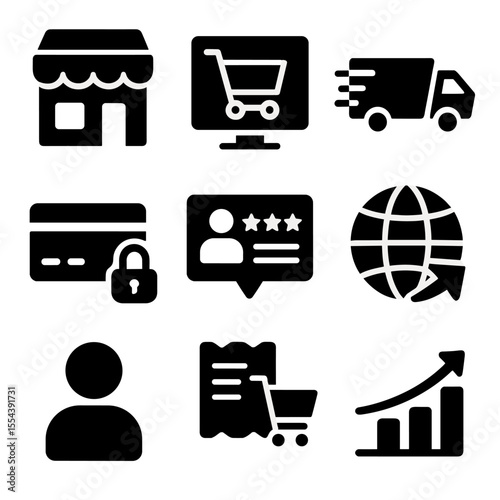 E-commerce Icon Grid. Solid, filled icons set of e-commerce growth: online store icon, digital shopping cart,