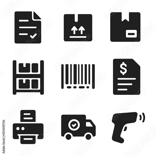 E-commerce Shipping Icons. Solid, filled icons set of e-commerce shipping: order slip, packing label, shipping