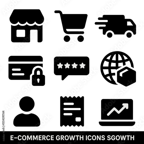 E-commerce Icon Grid. Solid, filled icons set of e-commerce growth: online store icon, digital shopping cart,