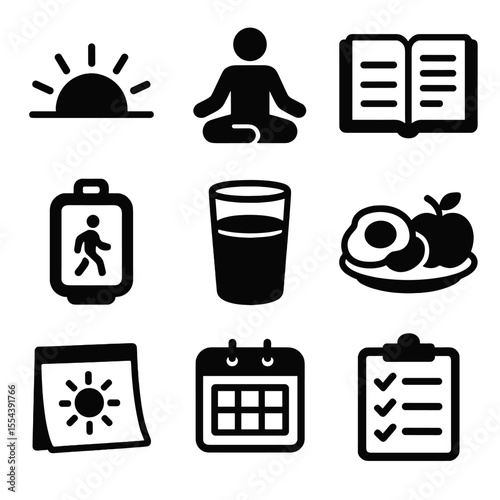 Early Riser Icons. Solid, filled icons set of early riser habits: sunrise icon, meditation pose, journal, step
