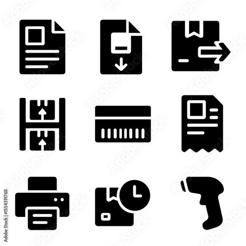 E-commerce Shipping Icons. Solid, filled icons set of e-commerce shipping: order slip, packing label, shipping