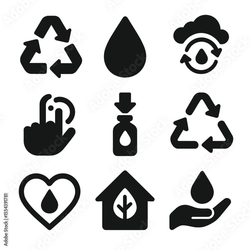 Eco Awareness Icons. Solid, filled icons set of refill and reuse awareness: zero-waste icon, green droplet,