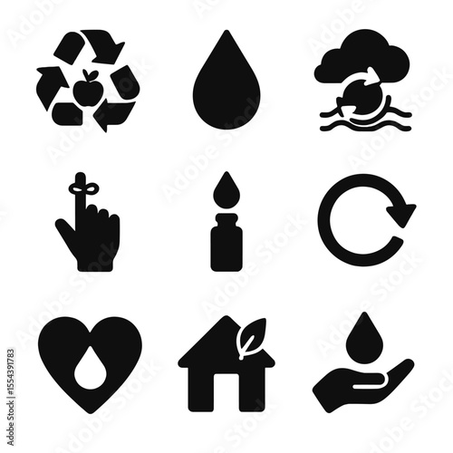 Eco Awareness Icons. Solid, filled icons set of refill and reuse awareness: zero-waste icon, green droplet,