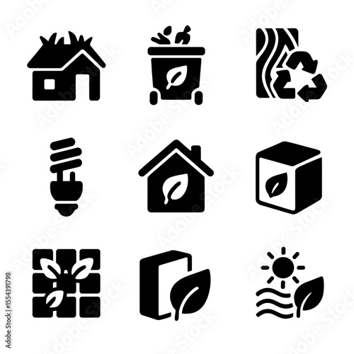 Eco Living Icons. Solid, filled icons set of eco-friendly living: green roof, compost bin, recycled wood,