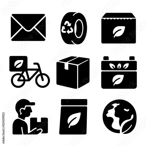 Eco-Friendly Shipping Icons. Solid, filled icons set of shipping and delivery in zero-waste: paper envelope,