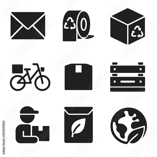 Eco-Friendly Shipping Icons. Solid, filled icons set of shipping and delivery in zero-waste: paper envelope,