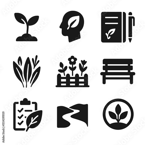 Eco-Therapy Icons. Solid, filled icons set of eco-therapy tools: plant sprout, therapist leaf badge, journal