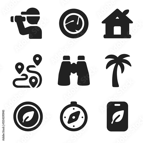 Eco-Tourism Icon Set. Solid, filled icons set of eco-tourism for conservation: birdwatcher, camera lens, eco