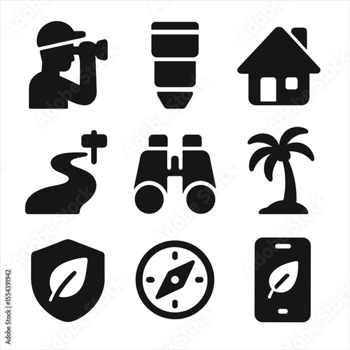 Eco-Tourism Icon Set. Solid, filled icons set of eco-tourism for conservation: birdwatcher, camera lens, eco