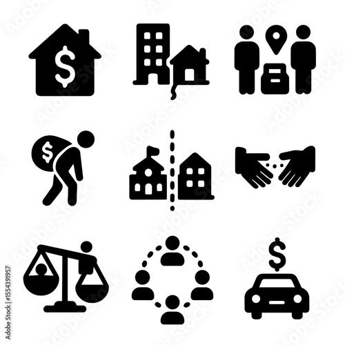 Economic Icons Grid. Solid, filled icons set of economic and social consequences: high housing cost,