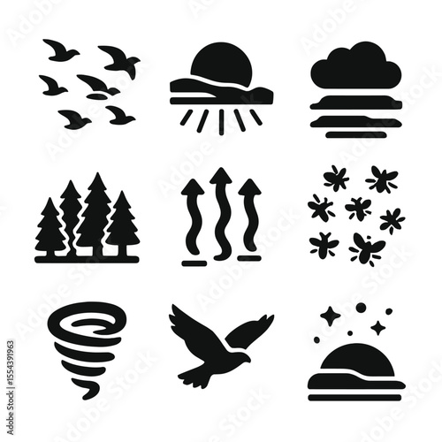 Ecological Sky Icons. Solid, filled icons set of ecological sky scenes: bird flock, sunset haze, cloud layers,