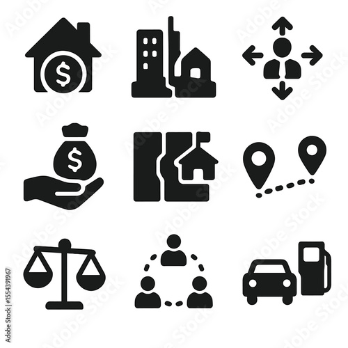 Economic Icons Grid. Solid, filled icons set of economic and social consequences: high housing cost,