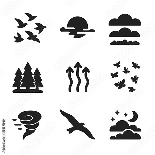 Ecological Sky Icons. Solid, filled icons set of ecological sky scenes: bird flock, sunset haze, cloud layers,