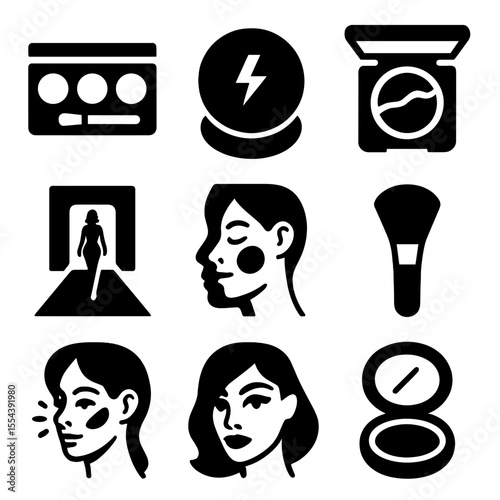 Editorial Makeup Icons. Solid, filled icons set of editorial makeup kits: bold blush, metallic highlighter,