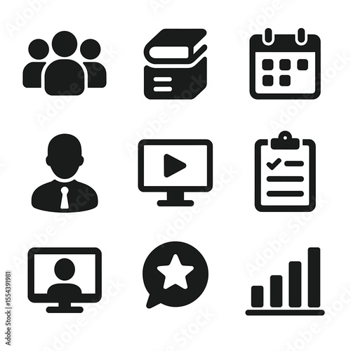 Education Project Icons. Solid, filled icons set of education project coordination: student group, course