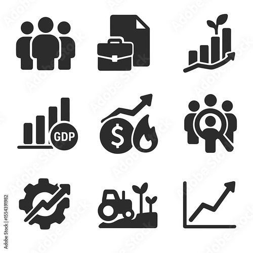 Economic Indicators Icons. Solid, filled icons set of economic indicators: labor force, job opening, economic