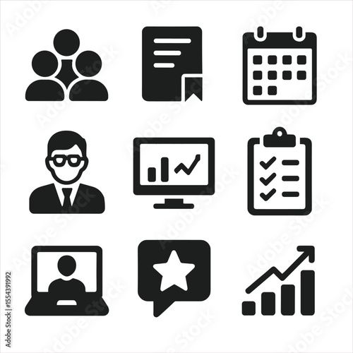 Education Project Icons. Solid, filled icons set of education project coordination: student group, course