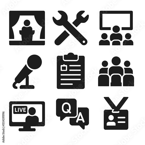 Educational Event Icons. Solid, filled icons set of educational events: conference stage, workshop tools,