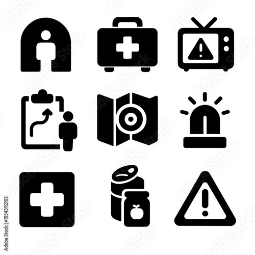 Emergency Preparedness Icons. Solid, filled icons set of emergency preparedness for impact: shelter icon,